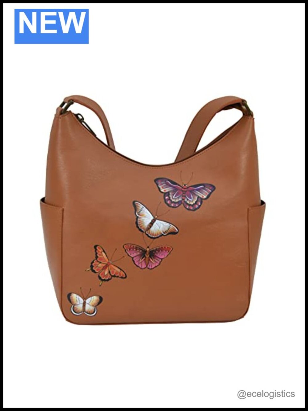 Hand-Painted Leather Hobo Bag with Side Pockets, Vegetable Tanned, Adjustable
